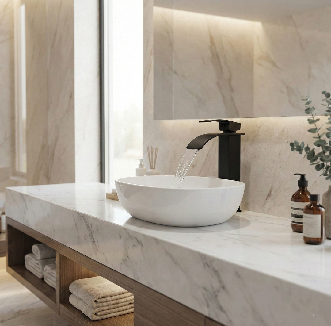 Modern bathroom interior featuring Homefy premium matte black fixtures and contemporary decor