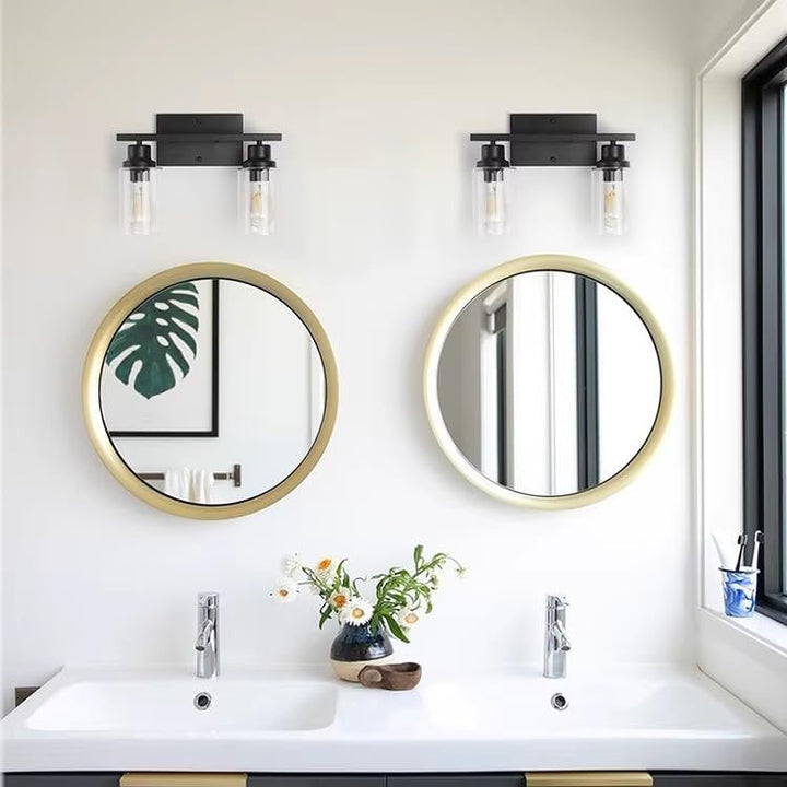 Homefy™ Black Matte 2-Light Vanity Fixture | Modern Wall Sconce with Clear Glass Shades