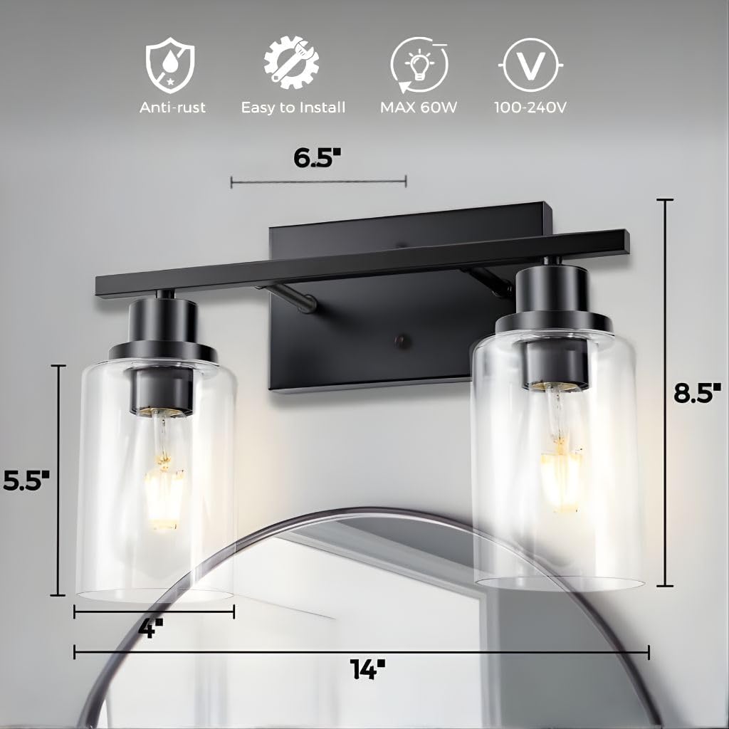 Homefy™ Black Matte 2-Light Vanity Fixture | Modern Wall Sconce with Clear Glass Shades