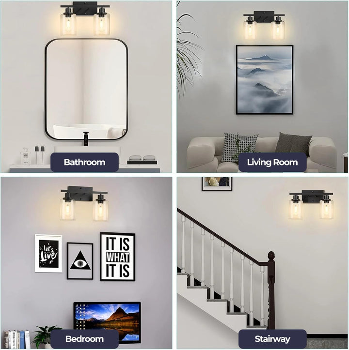 Homefy™ Black Matte 2-Light Vanity Fixture | Modern Wall Sconce with Clear Glass Shades