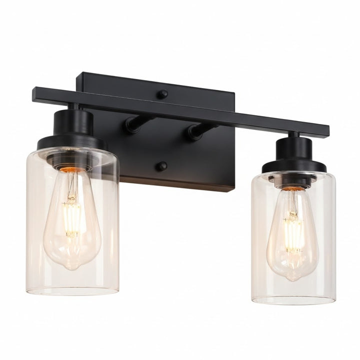 Homefy™ Black Matte 2-Light Vanity Fixture | Modern Wall Sconce with Clear Glass Shades
