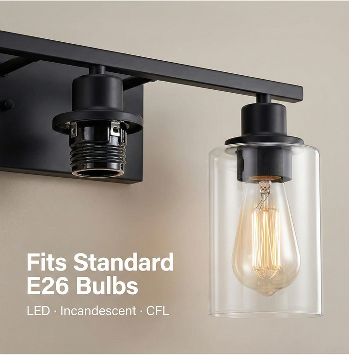 Homefy™ Black Matte 2-Light Vanity Fixture | Modern Wall Sconce with Clear Glass Shades HOMEFY.US