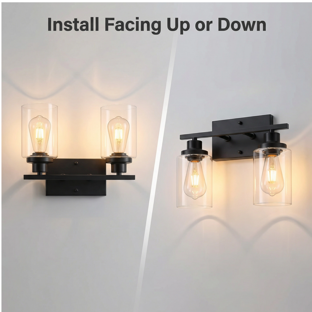 Homefy™ Black Matte 2-Light Vanity Fixture | Modern Wall Sconce with Clear Glass Shades HOMEFY.US