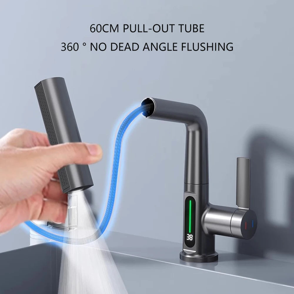 Modern Digital Sink Faucet Single Handle Pull-Down Kitchen Sink Faucet,with Pull-Down Spray ThreeWater Outlet Modes