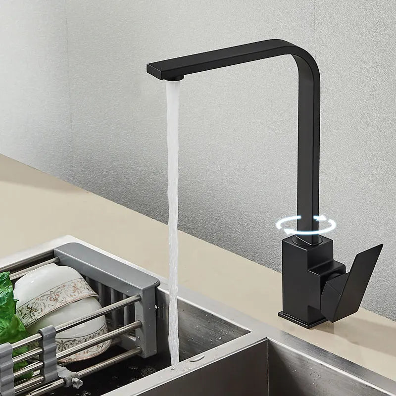 Square Kitchen Faucet Matte black Polished Chorme Hot and Cold Kitchen Sink Tap 360 Degree Rotation Mixer Deck Mounted Water Tap